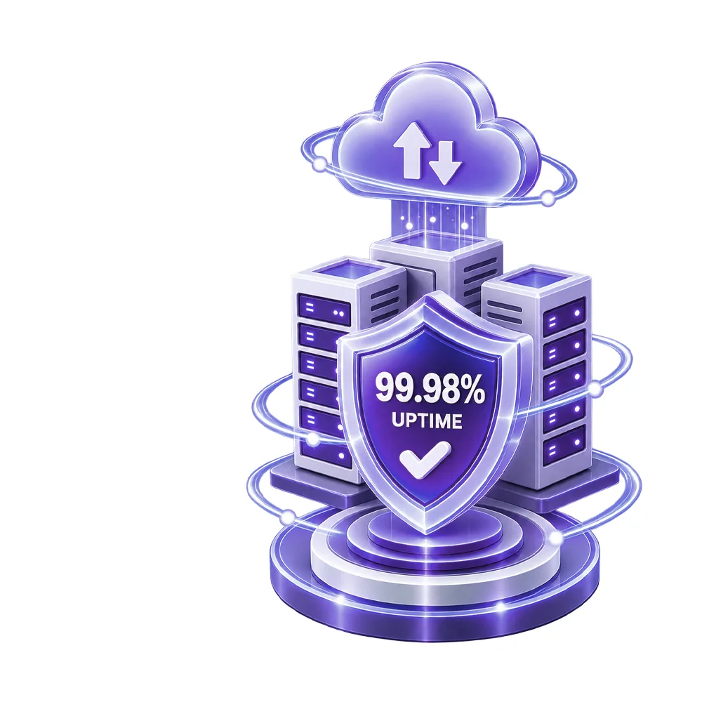 Redundant server racks under a syncing cloud, orbited by connection rings, with a shield reading 99.98% uptime