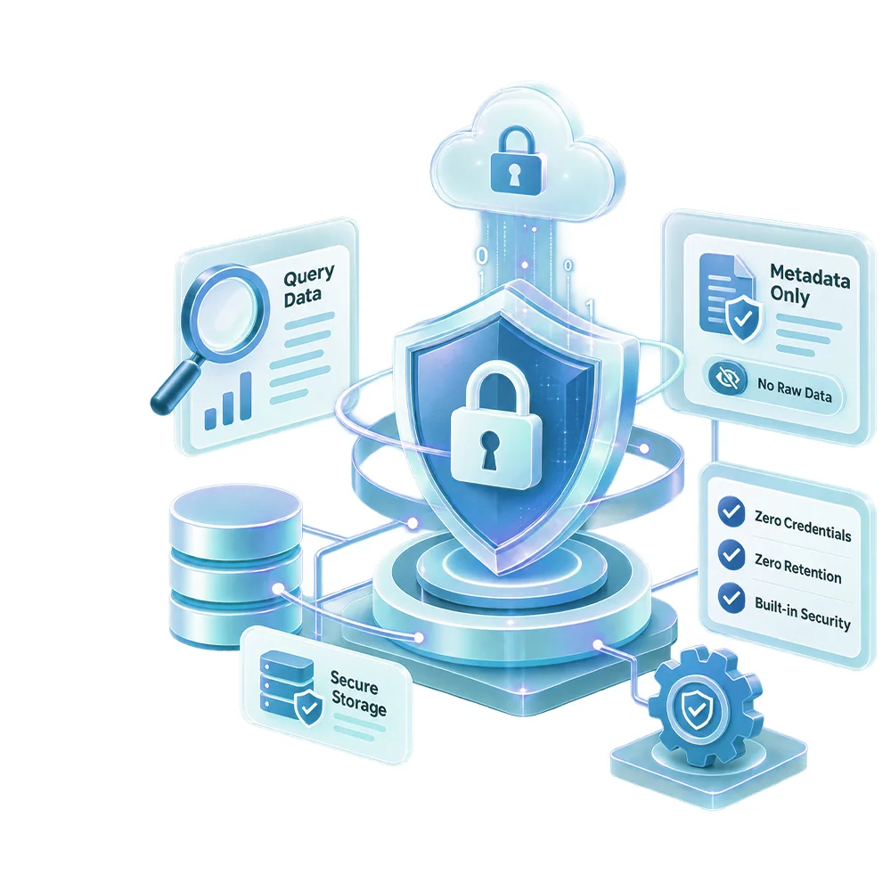 A padlocked shield on a plinth linked to a locked cloud store, a query-data panel, secure storage, and a checklist reading zero credentials, zero retention, metadata only — no raw data